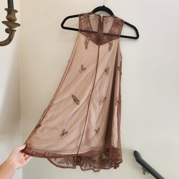 Altar'd State Brown Sequin Beaded Floral Fall Shift Party Dress New Year Holiday - Picture 5 of 9